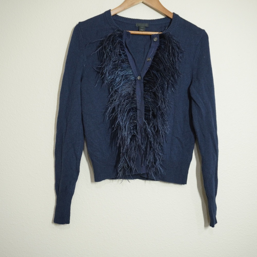 J. Crew Collection Medium Navy Blue Cardigan Ostrich Feather Trim Feminine Chic